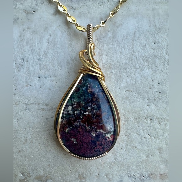 Tarnish Resistant Gold Grounding Copper Moss Agate Necklace Pendant - Picture 3 of 8